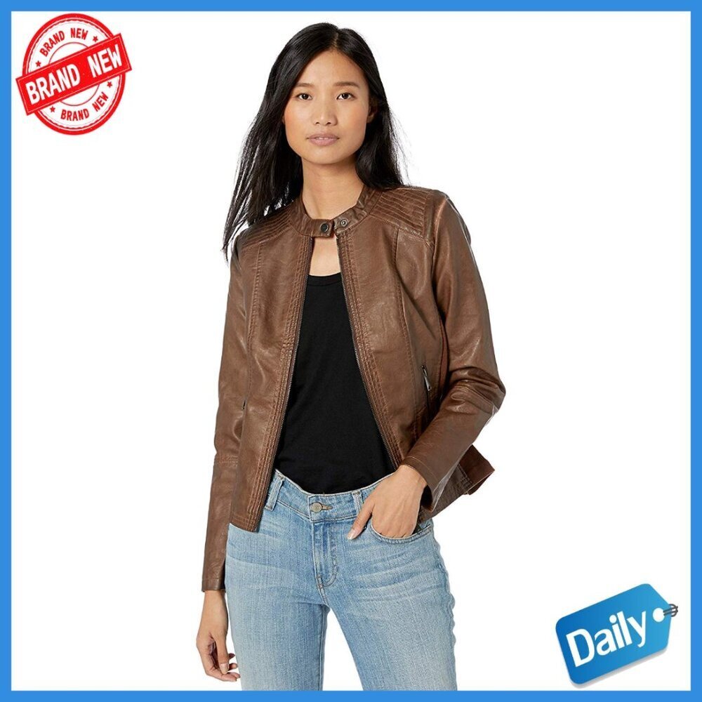 Faux Leather Moto Jacket with Zip Pockets, Stretch Panels, Classic Fit